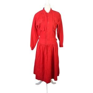Vintage 90s Toffs Red Corduroy Drop Waist Midi Shirt Dress S